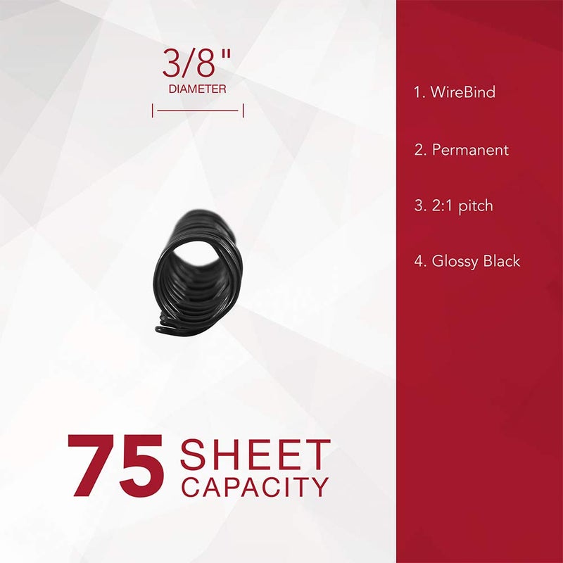 GBC Binding Spines / Spirals / Coils, 3/8" Diameter, 75 Sheet Capacity, 3:1 Pitch, WireBind, Black, 100 Pack (9775018) - Image 3